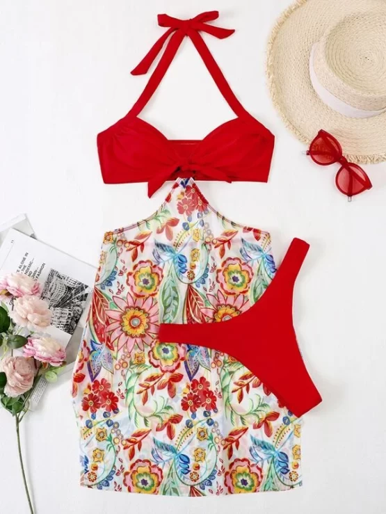 3pack Floral Print Halter Bikini Swimsuit & Detachable Beach Skirt - Image 5