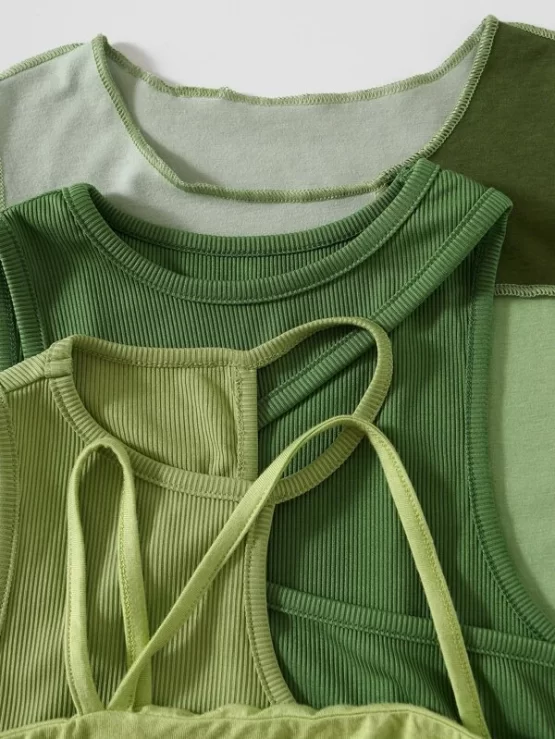 Three Pieces Ribbed Knit Tank Top & One Piece Cami Top - Image 3