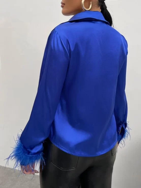 Fuzzy Glamorous Contrast Faux Fur Cuff Satin Shirt - Image 2