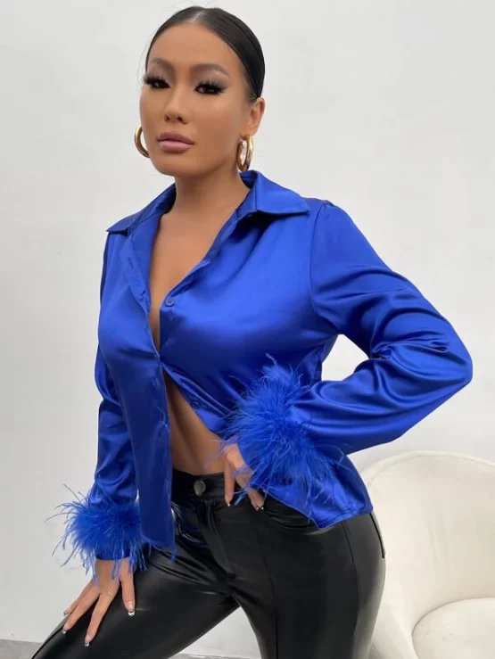 Fuzzy Glamorous Contrast Faux Fur Cuff Satin Shirt - Image 3