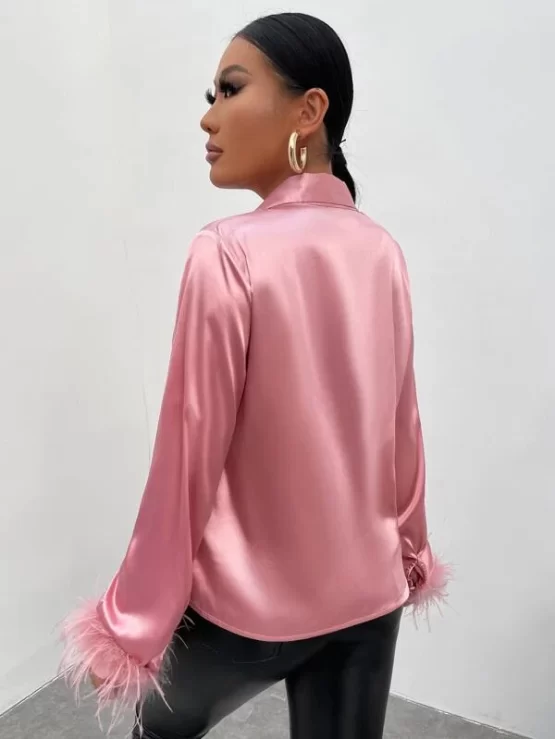 Fuzzy Glamorous Contrast Faux Fur Cuff Satin Shirt - Image 5
