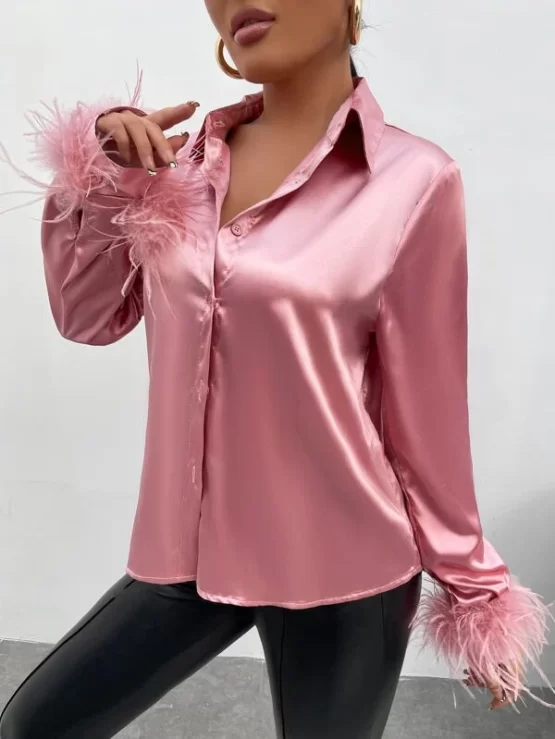 Fuzzy Glamorous Contrast Faux Fur Cuff Satin Shirt - Image 4