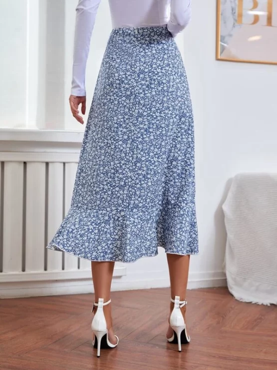 Ditsy Floral Print Lettuce Trim Ruffle Hem Skirt - Image 4