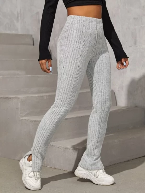 Split Plain Casual Hem Rib-knit Sports Leggings - Image 2