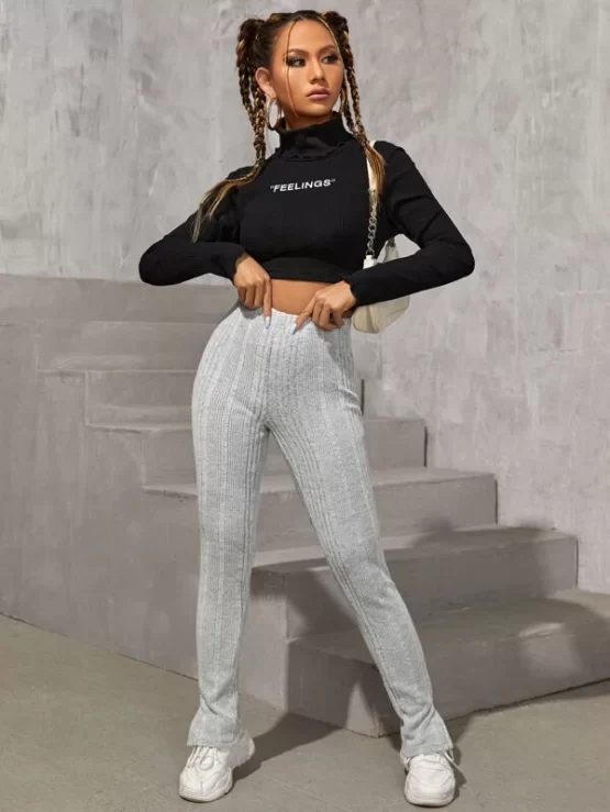 Split Plain Casual Hem Rib-knit Sports Leggings - Image 3