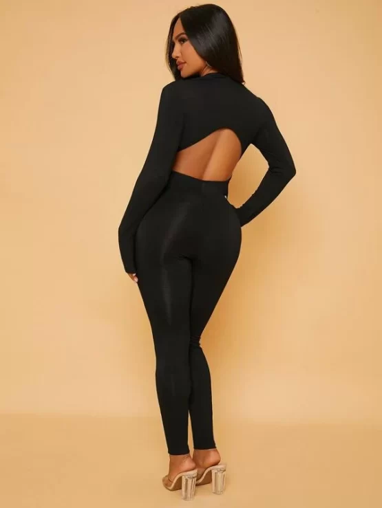 Solid Zipper V Neck Unitard Front Jumpsuit - Image 2
