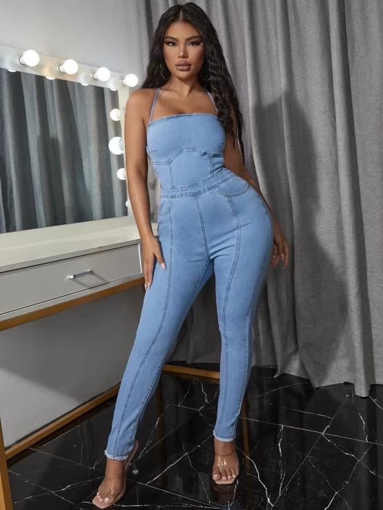 Lace Up Backless Unitard Denim Overalls - Image 3