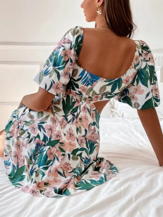 Floral Print Lantern Sleeve Cut Out Asymmetrical Neck Ruffle Hem Dress - Image 2