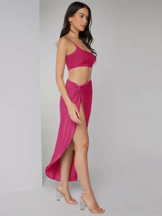 Solid Crop Cami Top & Twist Waist Skirt Set - Image 5