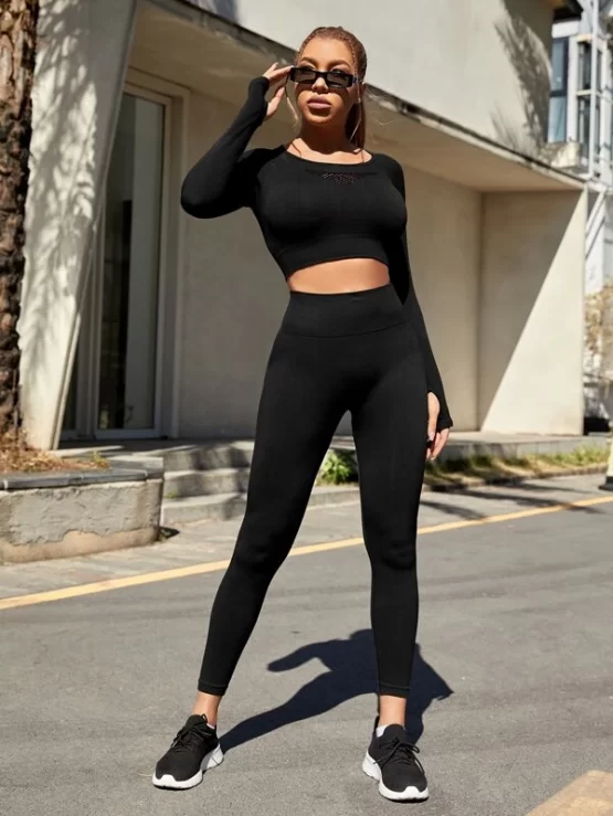Seamless Super Elastic Cut Out Back Sports Tee & Leggings - Image 9