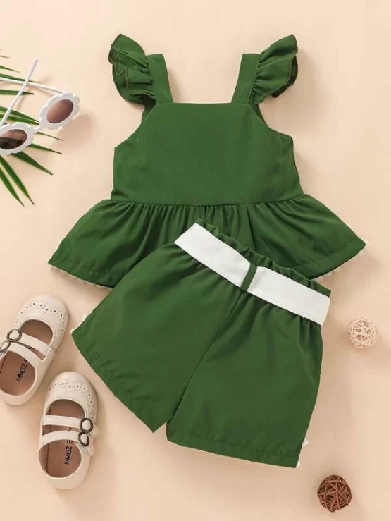 Baby Ruffle Trim Guipure Lace Insert Peplum Top & Belted Shorts - Image 4