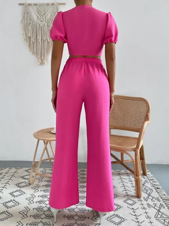 Tie Front Plain Boho Solid Top and Pants Set - Image 8