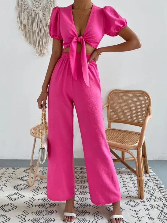 Tie Front Plain Boho Solid Top and Pants Set - Image 9