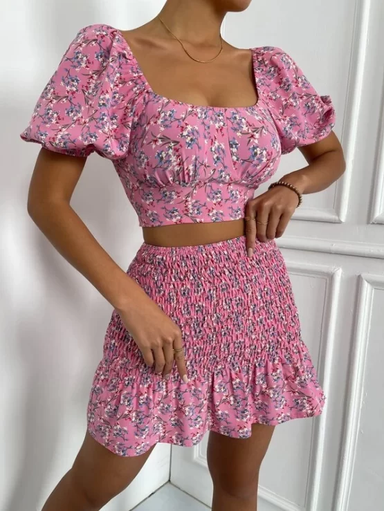 Puff Sleeve Ditsy Floral Top & Shirred Ruffle Hem Skirt - Image 2