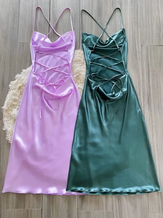 Two Pieces Draped Collar Satin Night Cami Dress - Image 2