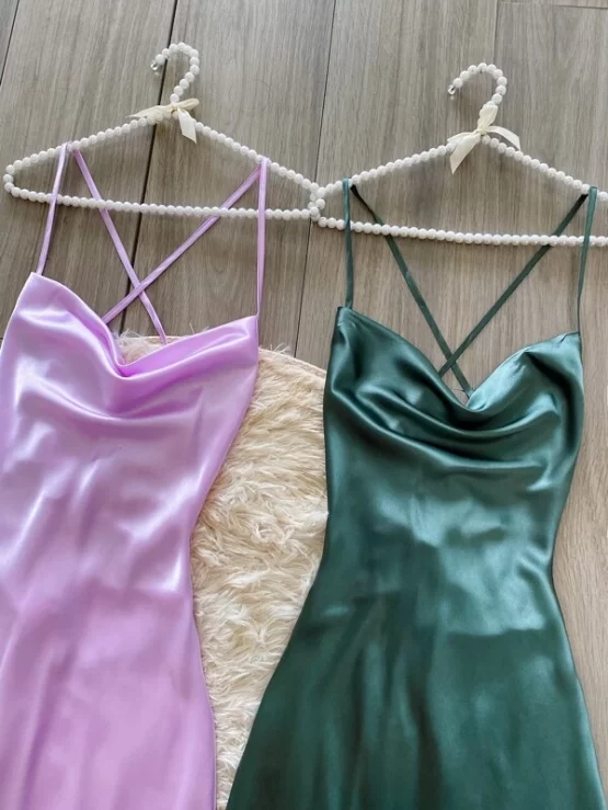 Two Pieces Draped Collar Satin Night Cami Dress - Image 3