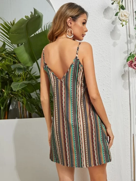 Striped Natural Boho Tribal Print Cami Dress - Image 2