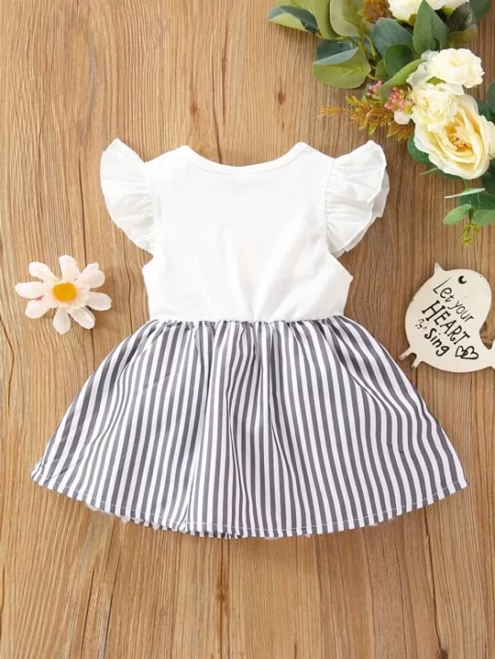 Baby Striped & Cartoon Graphic Bow Flutter Sleeve Dress - Image 2