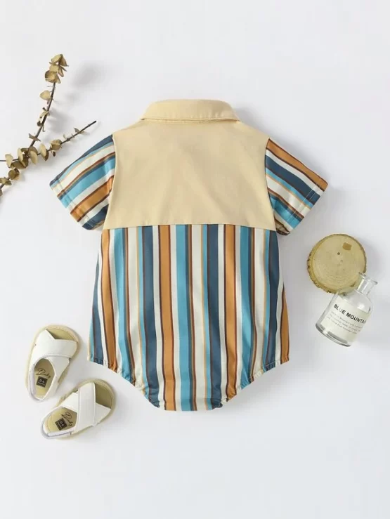 Baby Block Striped Half Button Bodysuit Without Hat - Image 2