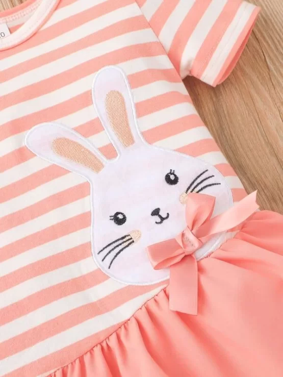 Baby Striped & Cartoon Print Bow Front Ruffle Hem Sleeve Dress - Image 2