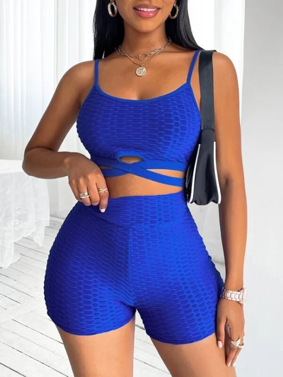 Criss Cross Textured Cami Top & Biker Shorts - Image 2