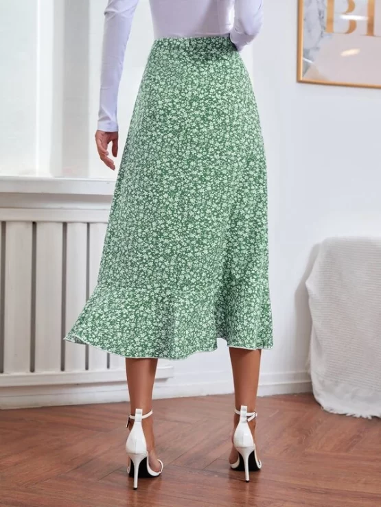 Ditsy Floral Print Lettuce Trim Ruffle Hem Skirt - Image 6