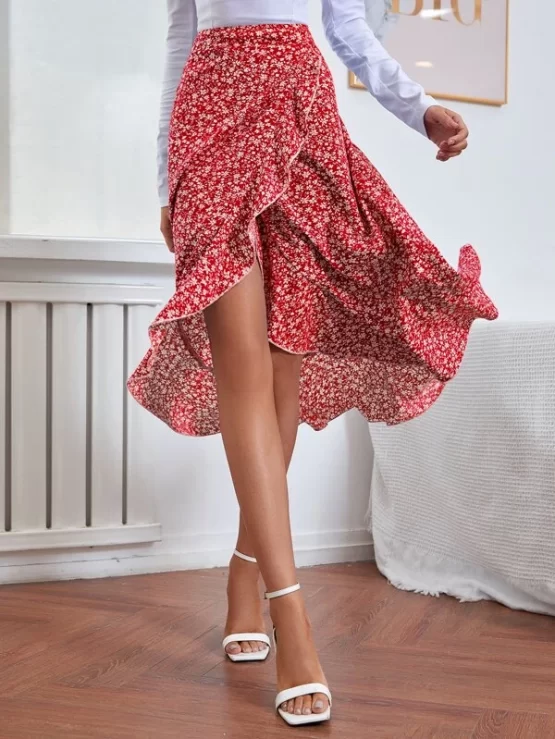 Ditsy Floral Print Lettuce Trim Ruffle Hem Skirt - Image 2