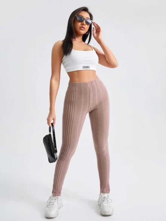 Split Plain Casual Hem Rib-knit Sports Leggings - Image 5