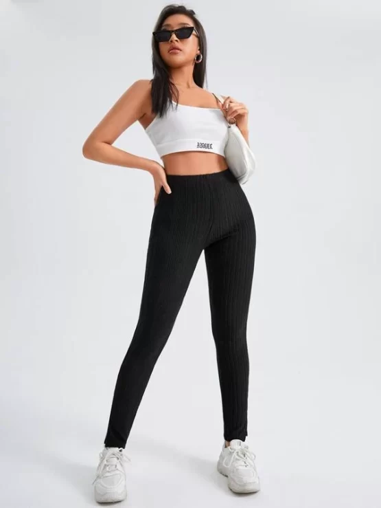 Split Plain Casual Hem Rib-knit Sports Leggings - Image 7