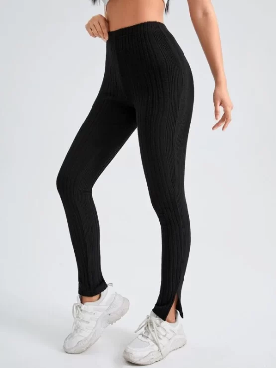 Split Plain Casual Hem Rib-knit Sports Leggings - Image 6