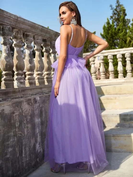 Ruffle Trim Split Thigh Romantic Mesh Cami Dress - Image 3