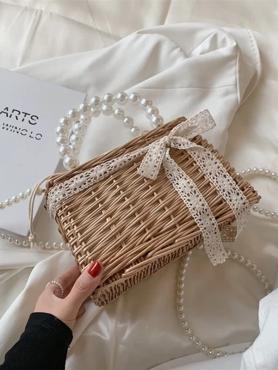Faux Pearl & Bow Double Handle Straw Decor Bag - Image 2