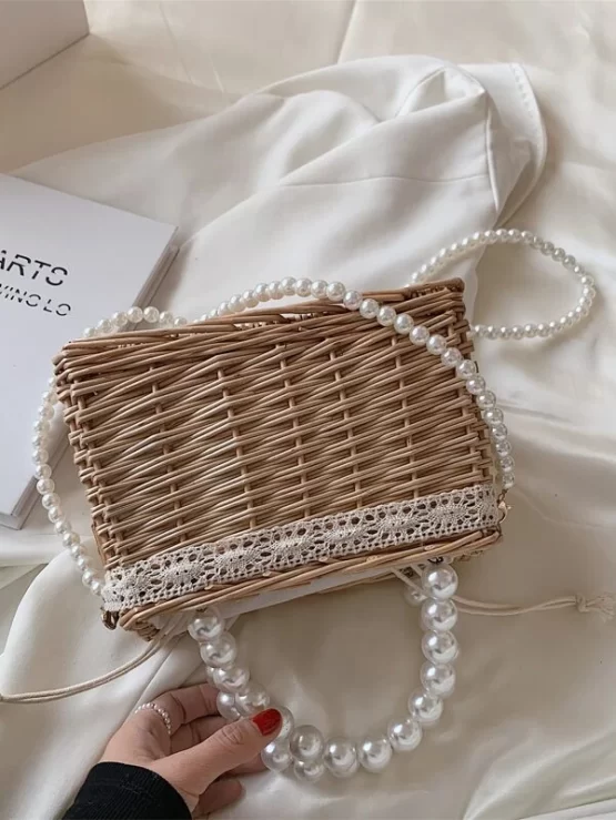 Faux Pearl & Bow Double Handle Straw Decor Bag - Image 3