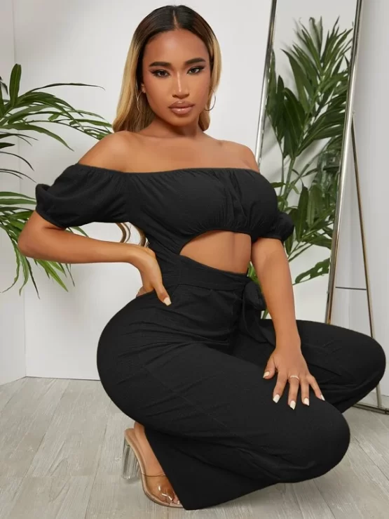 Off Shoulder Sexy Ruched Bust Belted Jumpsuit - Image 6