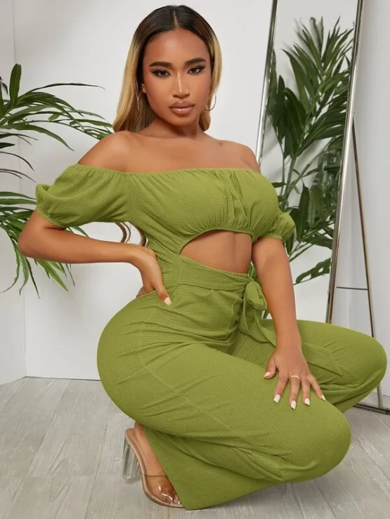 Off Shoulder Sexy Ruched Bust Belted Jumpsuit - Image 4