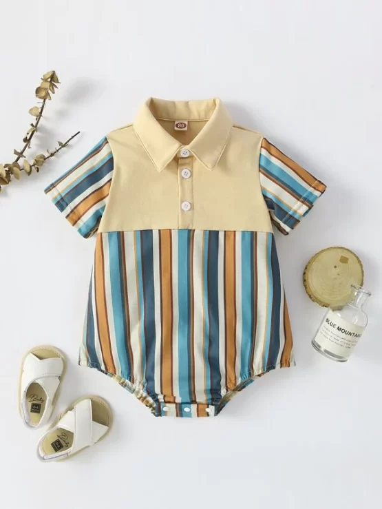 Baby Block Striped Half Button Bodysuit Without Hat - Image 3