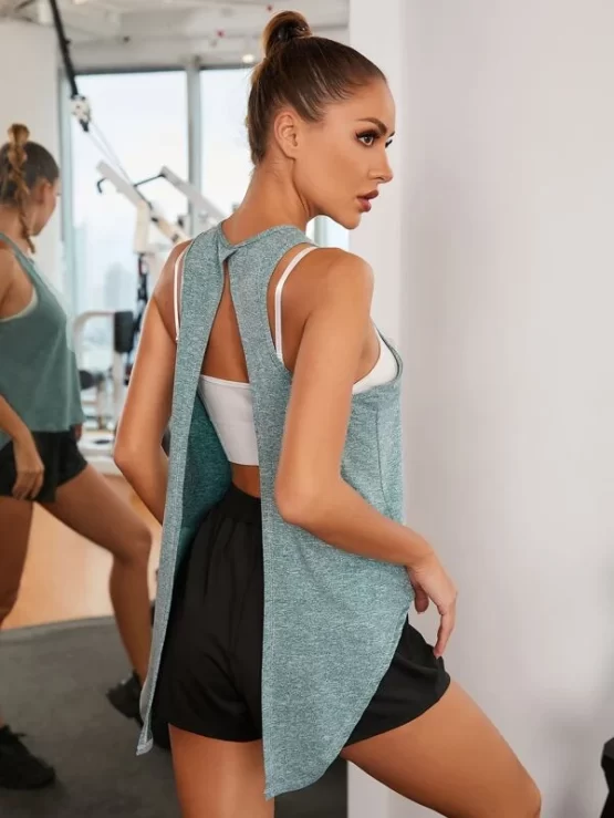 Cut Out Plain Tie Round Neck Back Sports Tee - Image 4