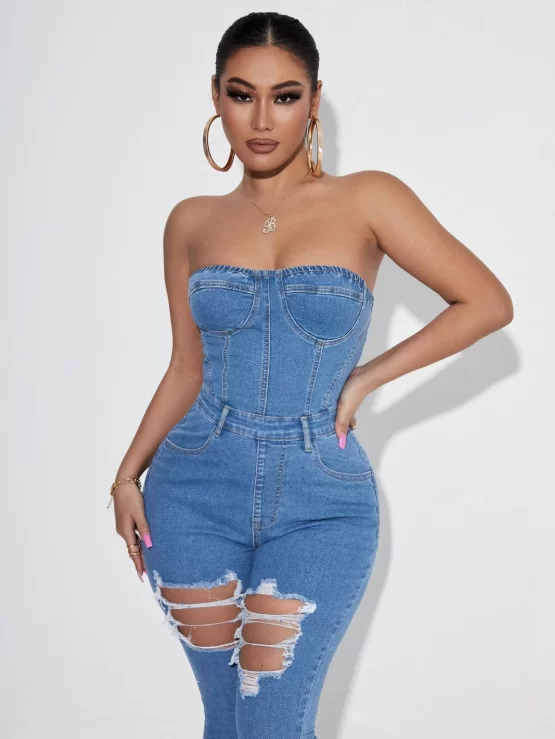 Cut Out Ripped Frayed Bustier Raw Hem Tube Denim Skinny Jumpsuit - Image 3