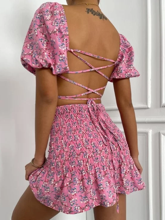 Puff Sleeve Ditsy Floral Top & Shirred Ruffle Hem Skirt - Image 3