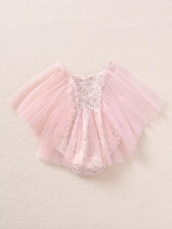 Baby Ditsy Floral Shirred Contrast Mesh Sleeve Bodysuit - Image 2