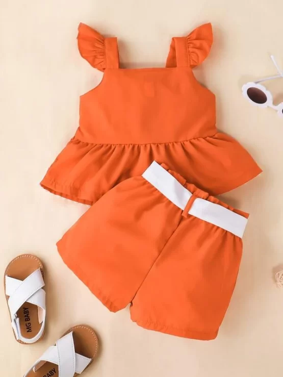 Baby Ruffle Trim Guipure Lace Insert Peplum Top & Belted Shorts - Image 3
