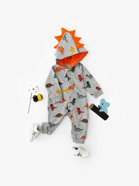 Baby Unisex Dinosaur 3D Spikes Hooded Print Jumpsuit - Image 4