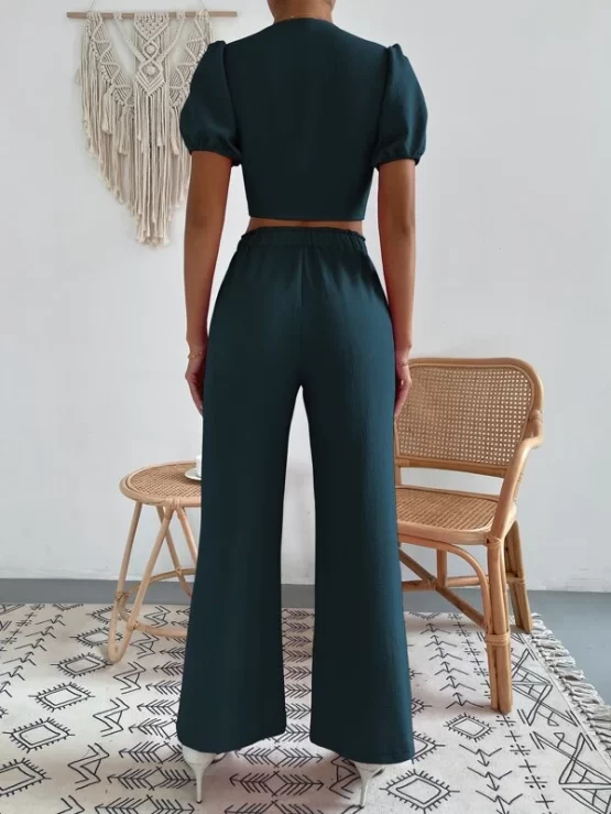 Tie Front Plain Boho Solid Top and Pants Set - Image 3
