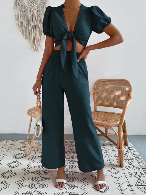 Tie Front Plain Boho Solid Top and Pants Set - Image 2
