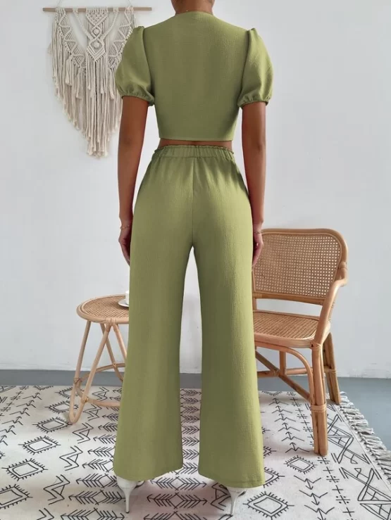 Tie Front Plain Boho Solid Top and Pants Set - Image 4