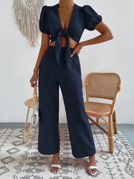 Tie Front Plain Boho Solid Top and Pants Set - Image 7