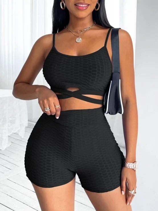 Criss Cross Textured Cami Top & Biker Shorts - Image 4