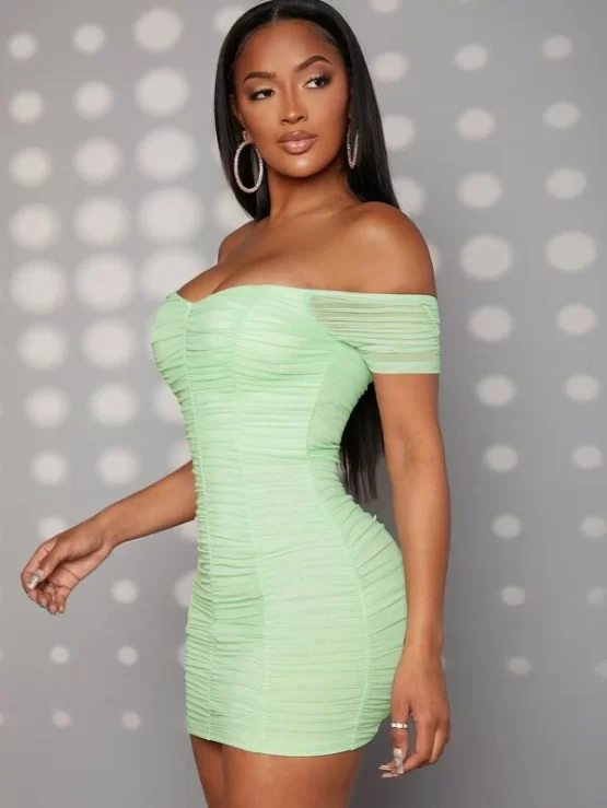 Off Shoulder Zipper Ruched Bodycon Dress - Image 4