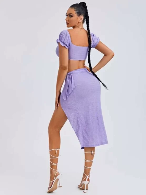 Ring Detail Puff Sleeve Top & Wrap Split Thigh Skirt - Image 2