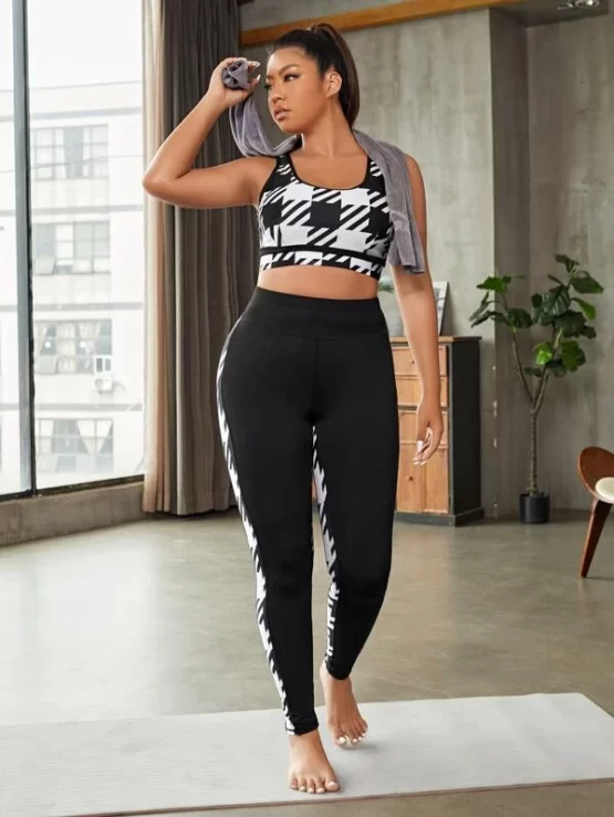 Plus Four-way Stretch Houndstooth Print Sports Set - Image 2